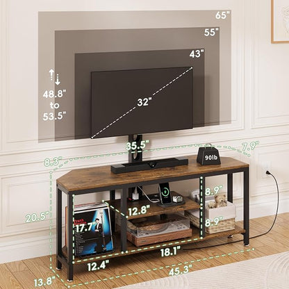 Corner TV Stand with Mount LED - Universal TV Mount Stand for 32-65" TV, Height Adjustable Swivel TV Console Wood & Steel Entertainment Center with Mount, Cabinet, Power Outlet, Colorful Light (Brown)