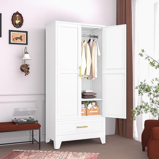Steel Armoire Wardrobe Closet with 2 Doors, 71" Household Wardrobe Cabinet with Hanging Rod and Drawers, Metal Clothing Storage Cabinet with Adjustable Shelf for Bedroom, Cloak Room, Gym(White)