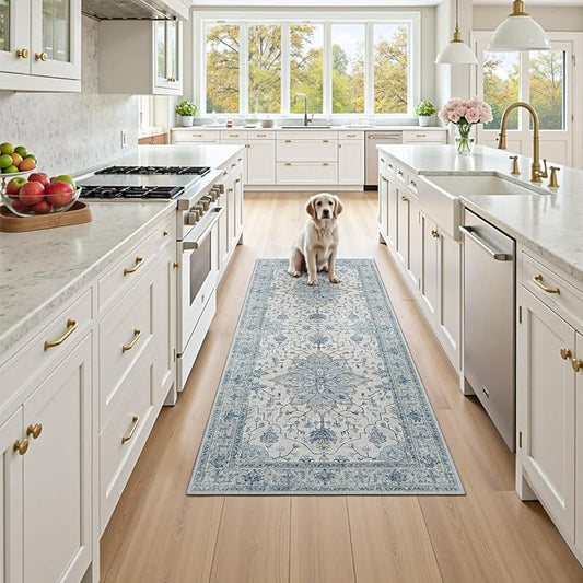 RELEANY Area Rugs Runner 2'x6' Washable Non-Slip, Floral Vintage Distress Medallion Carpet for Kitchen Hallway Bedroom Beside Laundry Room Bathroom, Light Blue Navy Gray White