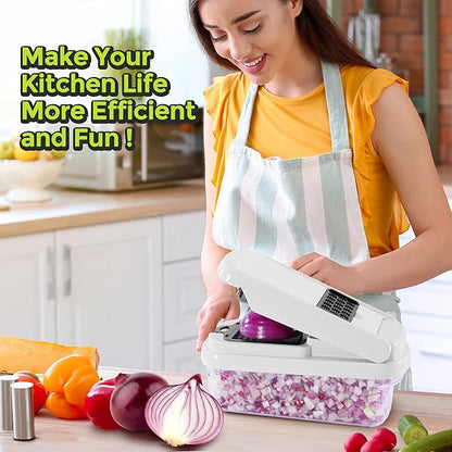 Vegetable Chopper,12-in-1 Multifunctional Food Chopper,Professional Onion Chopper with 7 Blades,Vegetable Cutter with Container for Salad,Potato,Carrot,and Garlic; Essential Kitchen Tool (White)