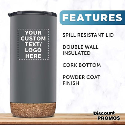 DISCOUNT PROMOS Custom Tumblers Cork Bottom 16 oz Set of 10/50/100 Personalized Bulk Pack Double Wall Insulated Matte Finish Iced Coffee Soda - Grey