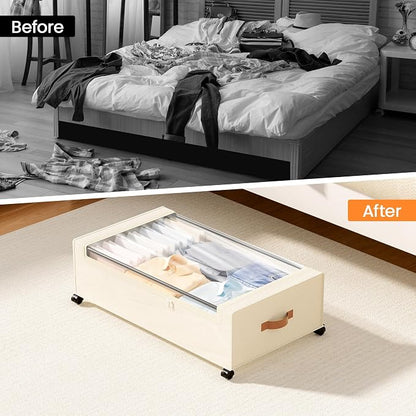Yecaye 82 L Under Bed Storage with Wheels, 9.4 in Under Bed Storage Containers, Large Under Bed Shoe Storage with Lids, Rolling Underbed Storage bins for Clothes, Blankets, Beige