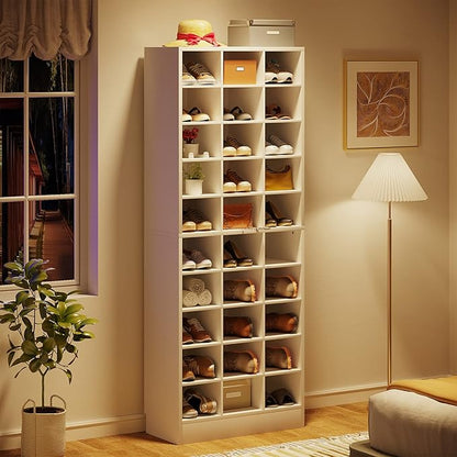 Tribesigns 10-Tier Shoe Storage Cabinet, White Wooden Shoe Rack with 30 Cubbies, Freestanding Tall Entryway Shoe Organizer for Closet, Entryway, Living Room