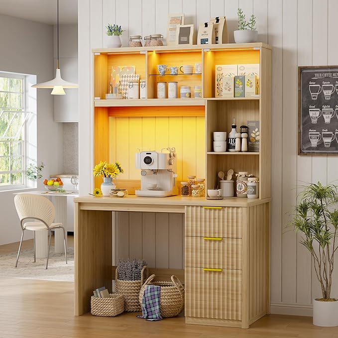 FREDEES LED Study Desk with Hutch, Home Office Desk with Charging Station & Storage Drawer, 70'H Writing Table with Glass Display Cabinet, 3 Color Light Computer Desks for Study, Wood