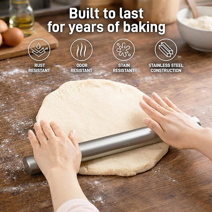 Zulay Kitchen 15.9 inch Professional Stainless Steel Rolling Pin - Lightweight Metal French Rolling Pin - Perfect for Baking, Fondant, Pizza Dough Roller, Dumpling