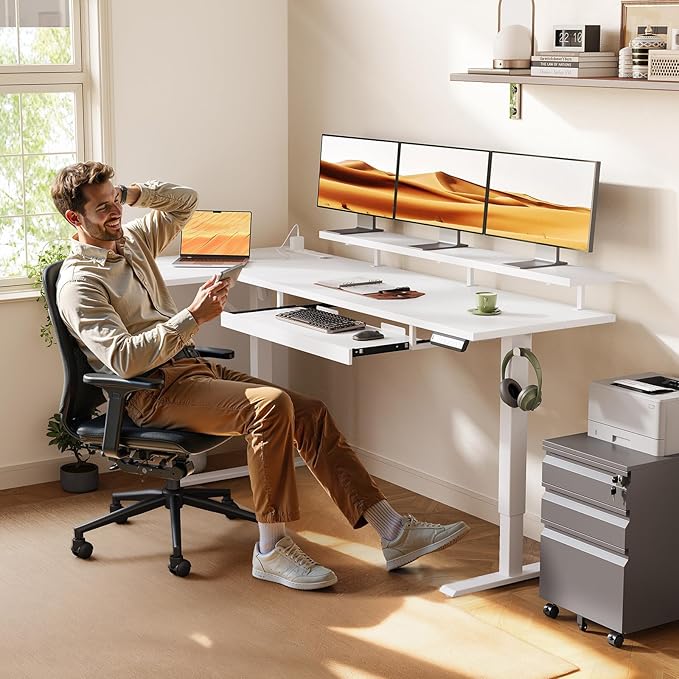 OffiGo 63 Inch L Shaped Electric Standing Desk with Keyboard Tray, Reversible Height Adjustable Corner Computer Desk with Monitor Stand, Sit Stand Up Lift Table for Home, Office, White