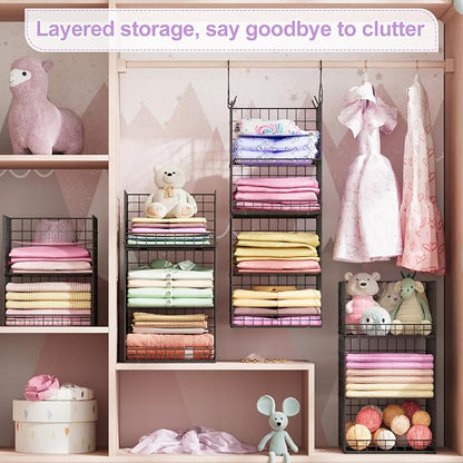 6 Tier Hanging Closet Organizers and Storage Stackable Hanging Closet Shelves with 4 Hooks 2 Adjustable Dividers, Wire Storage Basket Bins for Clothing Purse Sweaters Shoes Socks Dolls, Foldable