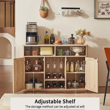 Lerliuo Rattan Wine Cabinet with 2 Doors, Boho Liquor Cabinet with Wine Racks, Farmhouse Coffee Bar Station for Living Room, Dining Room, Kitchen, Natural Wood