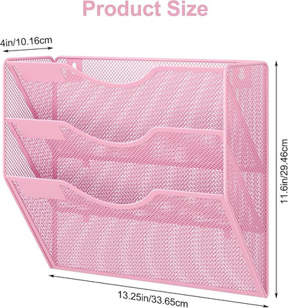 EasyPAG 3 Pocket Mesh Wall File Organizer, Hanging Paper Folder Holder with Classify Label, Vertical Wall Mount Mail Organizer for Office Home Classroom, Pink