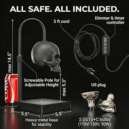 Skull Candle Warmer Lamp with Timer and Dimmer *Candles NOT Included – Black Gothic Candle Lamp Warmer w/Adjustable Height, 2 Light Bulbs – Skull Decor, Goth Gothic Decor Spooky Home & Witchy Gifts
