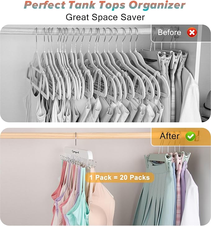 Gomyrod Bra Hanger for Closet, 1 Pack Tank Top Hanger w/20 Hooks Capacity Foldable Wood Space Saving Hangers, 360°Rotating Closet Organizers and Storage for Dorm & Apartment for Bra Scarf Ties(White)