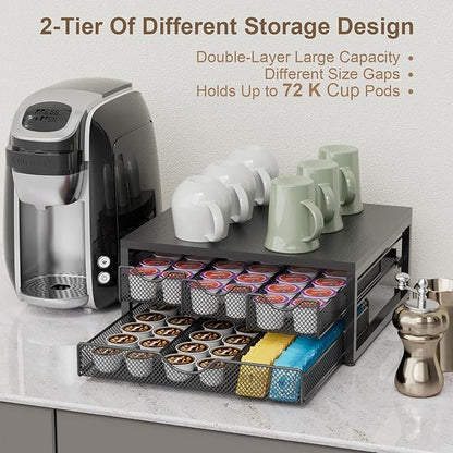 Coffee Pod Holder For Counter, 3 Pull-Out 72 K-Cup Holder Drawer, Wooden Cafe Pods Storage Organizer with Sliding Drawers for Coffee Station, Home, Kitchen, Office, Dorm (Black)