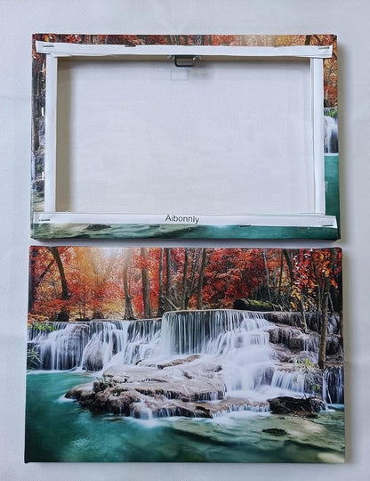 Aibonnly Wall Art Canvas Painting Red Forest Waterfalls 1 Piece Modern Landscape Tree Picture Poster Print Framed and Stretched Ready to Hang for Living Room Bedroom Kitchen Office Home Decor