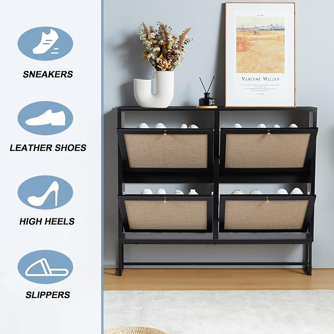 Shoe Cabinet, Shoe Storage Cabinet with 4 Flip Drawers, Freestanding Shoe Organizer Shoe Rack for Entryway, Hallway, Living Room (Black - 4 Tiers)