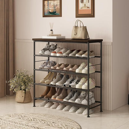 SUOERNUO Shoe Rack Organizer 5 Tier for Closet Entryway Free Standing Metal Storage Shoe Shelf with MDF Top Board，Black+Rustic Brown
