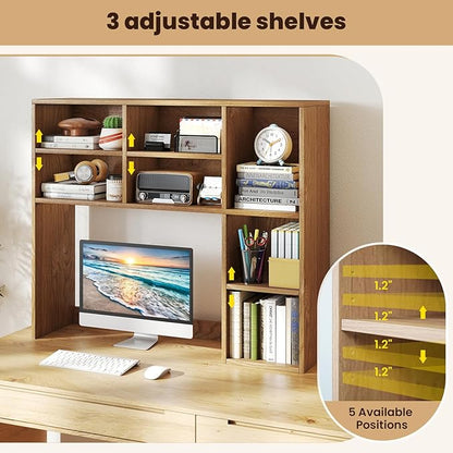 Desk Hutch, Desktop Shelf with 7 Shelves, Desk Bookshelf w/Anti-Toppling Devices, Wood Table Top Bookshelf Organizer, Small Desk Shelf for Study, Office, Dorm (Natural, 7 Shelves)