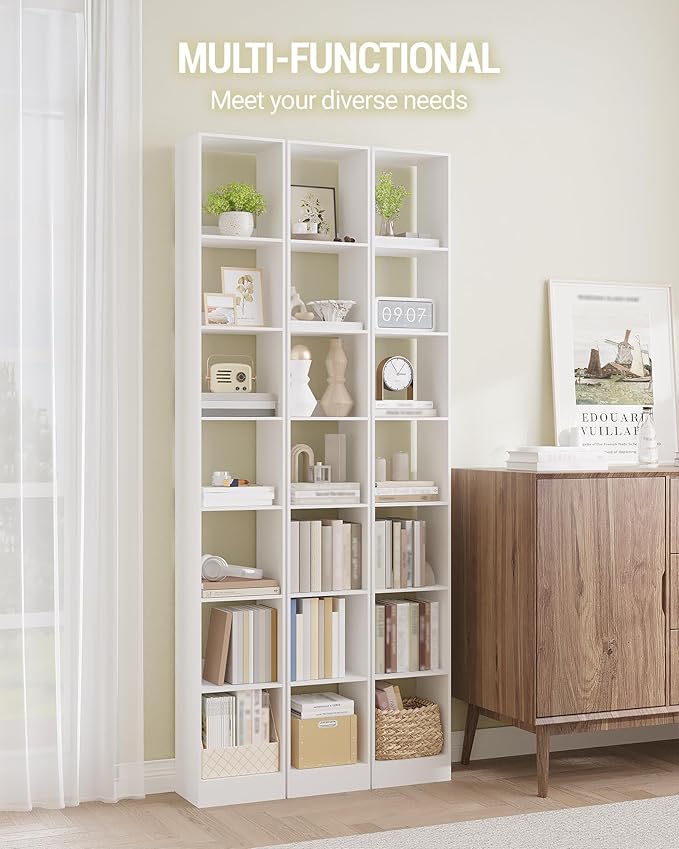 Hzuaneri Bookcase, Tall Narrow Bookshelf, Open Display Storage Shelf, Skinny Cube Book Shelf with Adjustable Shelves, CD Rack for Living Room, Home Office 7-Tier(9.4 x 11.8 x 84.3 inch) White BC79703X