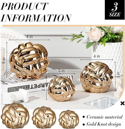 Wenqik 3 Pcs Gold Knot Decor, Link Coffee Table Bookshelf Decor Accents, Ceramic Decorative Objects, Modern Home Aesthetic Minimalist Book Shelf Decoration,3 Sizes