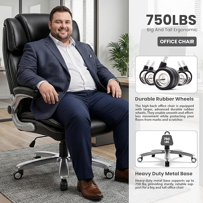 750lbs Heavy Duty Desk Chair with 3D Kneading Massage, Big and Tall Office Chairs with Ergonomic Support, 4D Armrests, 5 Quiet Dual Rubber Wheel, Thick Pocket Spring Cushion(Black, PU)