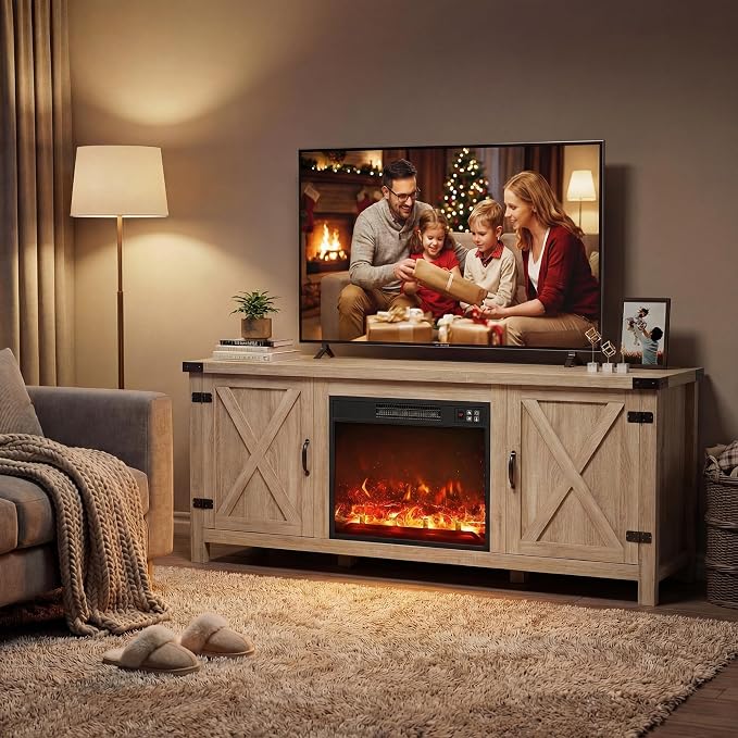 YESHOMY Fireplace TV Stand with Two Barn Doors and Storage Cabinets for Televisions up to 65+ Inch, Entertainment Center Console Table, Media Furniture for Living Room, 58 Inch, Yellow Oak