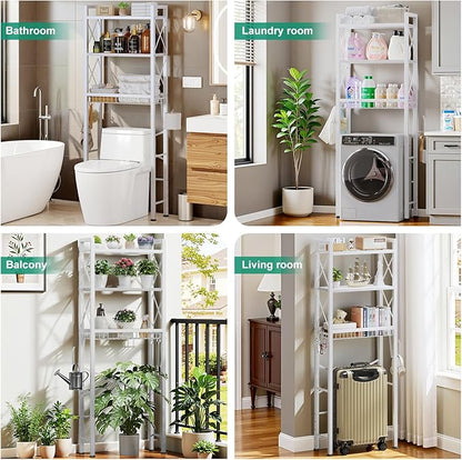 Kalrin Over The Toilet Storage with X Shape Side Guardrail, 3-Tier Over Toilet Storage Rack with Drain Basket, Freestanding Bathroom Organizer for Balcony Laundry, Pure White