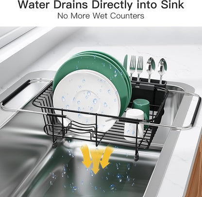 Apartment RV Small Dish Drainer Drying Rack Over The Sink In Stainless Steel for Narrow Kitchen, Counter Space Saving Compact Expandable Metal Plate Dryer Strainer, Black Adjustable Wire Drain Holder
