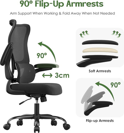 Office Chair Ergonomic Desk Chair - Comfy Mesh High Back Office Chair with Lumbar Support Wheel Home Desk Office Chairs Flip up Armrest Executive Rolling Swivel Task Computer Chair Black Silver