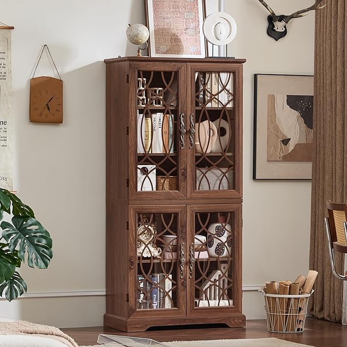 67" Tall Pantry Cabinet, Vintage Kitchen Pantries Cabinets with Glass Doors & Adjustable Shelves, Freestanding Wood Cupboard with Large Storage for Dingning Room, Bathroom, Brown