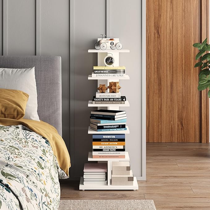 TUTOTAK Narrow Bookshelf, 6-Tier Bookcase, Spine Book Shelf for Small Space, Corner Standing Shelf for Living Room, Office, Study, Entryway, White BS06BW016