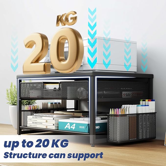 Metal Desktop Printer Stand with Storage Drawer & 2 Pen Holders,2 Tier Home Printer Riser Shelf for Desk with Paper Holder Storage,Multi-Purpose Office Desk Organizer