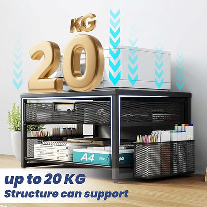 Metal Desktop Printer Stand with Storage Drawer & 2 Pen Holders,2 Tier Home Printer Riser Shelf for Desk with Paper Holder Storage,Multi-Purpose Office Desk Organizer
