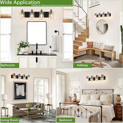 Bathroom Light Fixtures,Matte Black and Gold 4-Light Bathroom Lights with Clear Glass Shade,Modern Wall Sconces Over Mirror for Bathroom