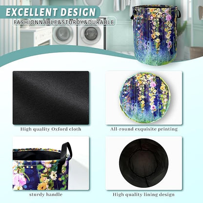 Beautiful Blue Green Floral Laundry Basket Foldable With Handles Tote Bag Oxford Cloth Colorful Laundry Hamper Clothes Storage Bucket Toy Organizer 18.9"x16.5" For Bathroom/Laundry/Bedroom