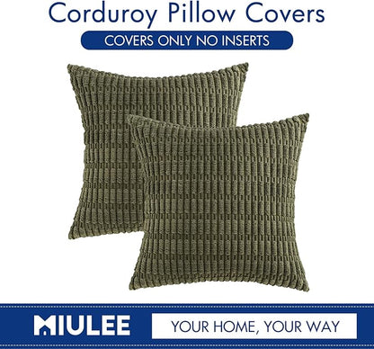 MIULEE Pack of 2 Spring Corduroy Decorative Throw Pillow Covers 20x20 Inch Soft Boho Striped Pillow Covers Modern Farmhouse Home Decor for Summer Sofa Living Room Couch Bed Olive Green