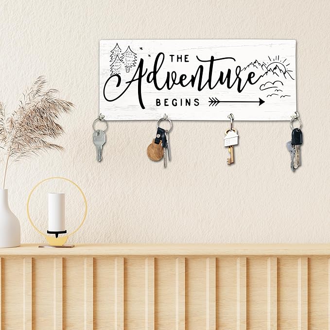 The Adventure Begins Wooden Key Holder for Wall - 5"x10" Key Organizer Hanger with 4 Hooks for Home Front Door Hallway Entryway Kitchen - Home Office Decor & Housewarming Gifts Supplies - A02
