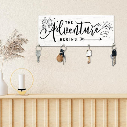 The Adventure Begins Wooden Key Holder for Wall - 5"x10" Key Organizer Hanger with 4 Hooks for Home Front Door Hallway Entryway Kitchen - Home Office Decor & Housewarming Gifts Supplies - A02