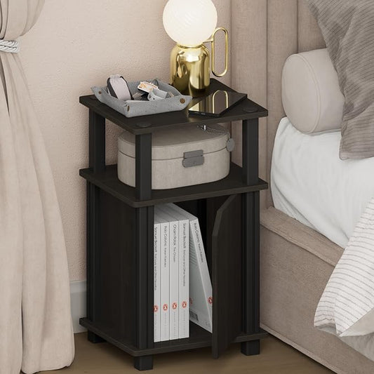 Furinno JUST Night Stand, 3-Tier Nightstand with Door Cabinet, Side Table, End Table with Open Shelf, for Living Room, Bedroom, Espresso