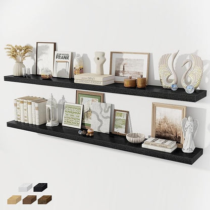 Fun Memories 72 Inch Floating Shelves for Wall 8 Inch Deep Black Shelves Set of 2, Wall Mounted Rustic Wood Long Floating Shelf, Large Display & Storage Shelf with Invisible Brackets