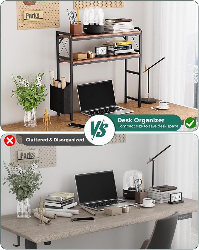 Desktop Shelves, Monitor Stand with Adjustable Shelves and Side Pockets, 2-Tier Desktop Bookshelf Organizer, Large Capacity Display Shelf Rack, Desk Hutch for Home Office, Rustic Brown