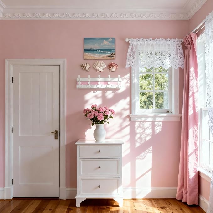 SKOLOO Coastal Wall Mounted Coat Rack-16.88" Beach House Entryway Wooden Coat Hook with 5 Hooks for Hanging Coats, Hats or Towels, Oceanfront Cottage Core Collection, White&Palm Beach Pink, Pack of 2