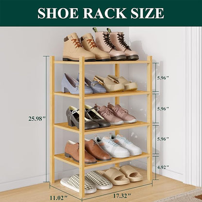 Smiry Small Bamboo Shoe Rack 4-Tier, Stackable Wooden Shoe Organizer for Entryway & Closet, Free Standing Wood Shoe Storage Shelf for Front Door & Small Spaces, Natural