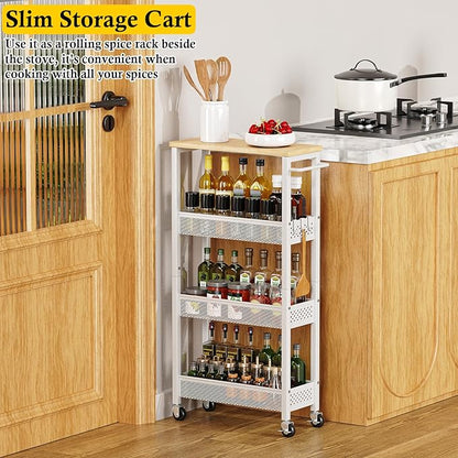 OKZEST Utility Slim Storage Cart, 4 Tier Small Rolling Kitchen Laundry Room Cart with Wood Top, Metal Narrow Bathroom Storage Cabinet Mobile Shelf Unit Organizer Trolley with Handle for Narrow Space