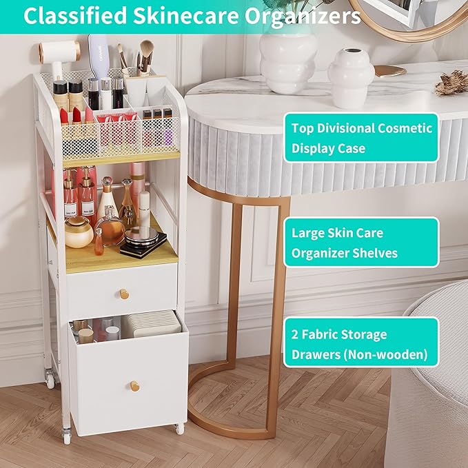 HapiRm Rolling Makeup Cart Organizer - Floor Skincare Make Up Storage with 2 Non-woven Fabric Drawers, Vanity Organizer Cosmetic Display Cases Holder for Skin Care Perfume Nail Polish Brush Hair Tool