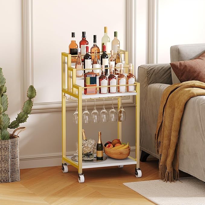 Bar Cart, 3 Tier Home Bar Serving Cart with Glass Holder, Versatile Display Wine Rack Trolley, for Living Room, Kitchen, Gold BC08DW