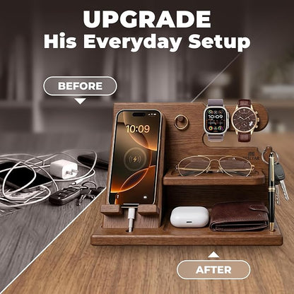 TESLYAR Wood Phone Docking Station for Men - Desk or Nightstand Organizer - Birthday Gifts for Husband or Dad - Anniversary Idea from Wife - Key Holder, Stand Wallet, Watch & Essentials (Earth Beige)