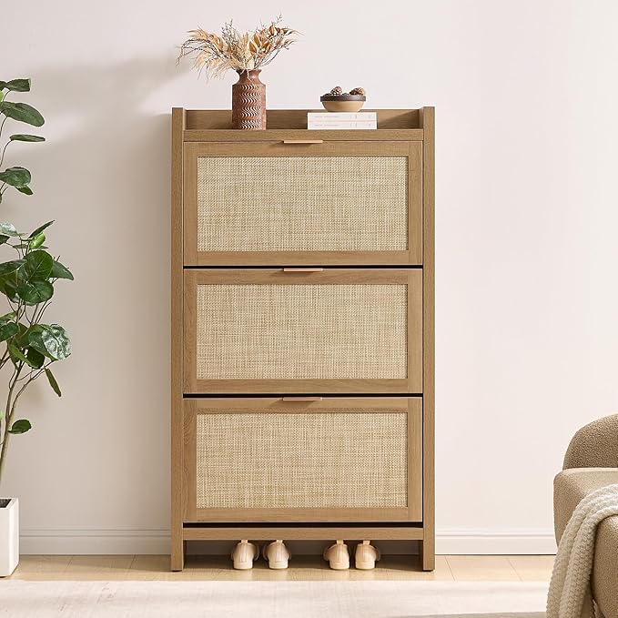SICOTAS Rattan Shoe Storage Cabinet with 3 Flip Drawers, 30 Pairs Freestanding Shoe Cabinet Storage for Entryway, 57.4" Tall Farmhouse Narrow Shoe Organizer Rack Cabinet for Foyer, Hallway, Oak