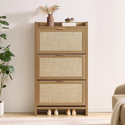 SICOTAS Rattan Shoe Storage Cabinet with 3 Flip Drawers, 30 Pairs Freestanding Shoe Cabinet Storage for Entryway, 57.4" Tall Farmhouse Narrow Shoe Organizer Rack Cabinet for Foyer, Hallway, Oak