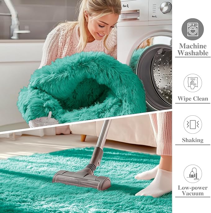 OLANLY 9x12 Machine Washable Large Area Rugs for Living Room, Bedroom, Soft Fluffy Shaggy Bedside Rug, Indoor Floor Carpet for Kids Girls and Boys, Dorms, Nursery, Home Decor Aesthetic, Teal Green