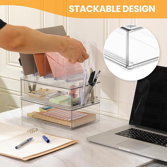 Acrylic Desk Organizer with Drawer, Office Supplies,Organization Storage, 2 PC Drawer Organizer with 4 File Sorter, Desk Organizers and Accessories, Clear Acrylic File Organizer