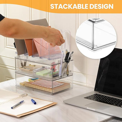 Acrylic Desk Organizer with Drawer, Office Supplies,Organization Storage, 2 PC Drawer Organizer with 4 File Sorter, Desk Organizers and Accessories, Clear Acrylic File Organizer